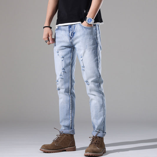 Jeans Men's Slim-fit Ripped White All-matching Casual Pants