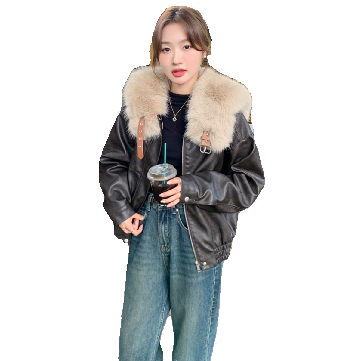 Real Shot Brown Rabbit Fur Liner Leather Jacket