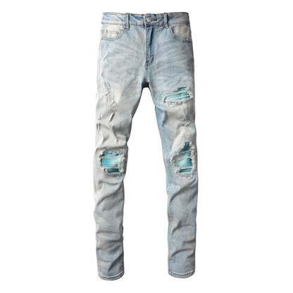 Baby Blue Wash Water Worn Patch Torn Jeans Male