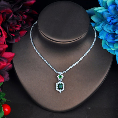 Simple Pendant Dark Green Necklace Earring Set