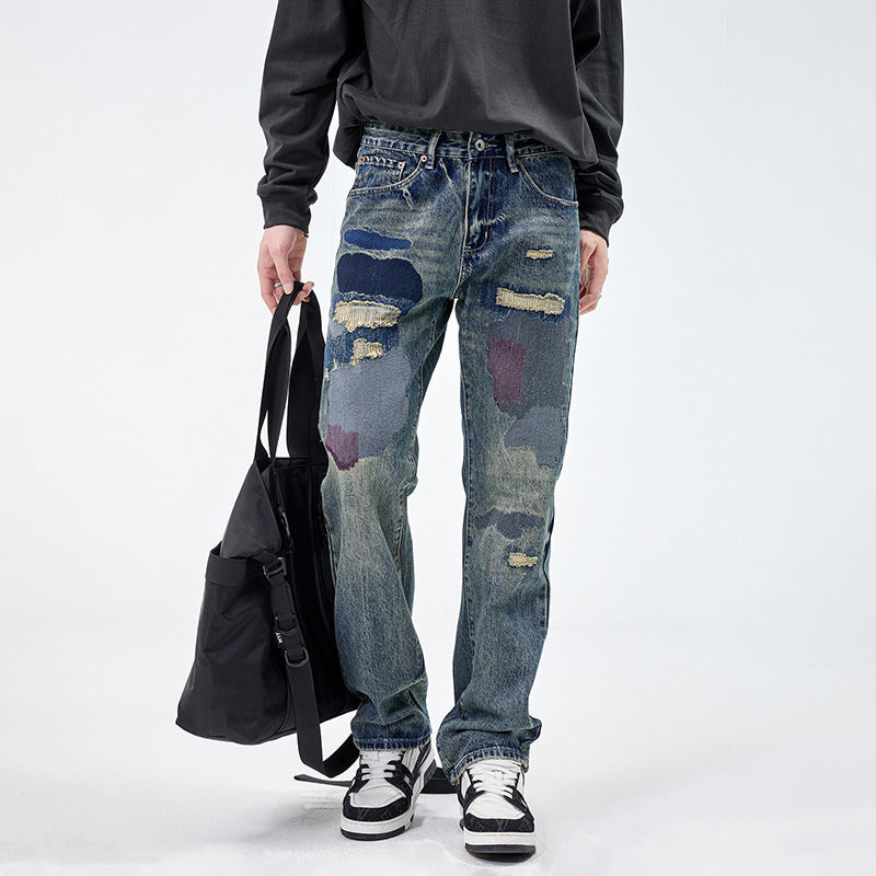 American Style Loose Broken Patch Straight Retro Denim Trousers Men