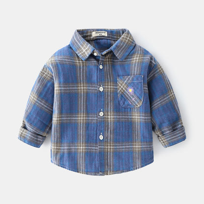 Boys new plaid car lapel long sleeve shirt