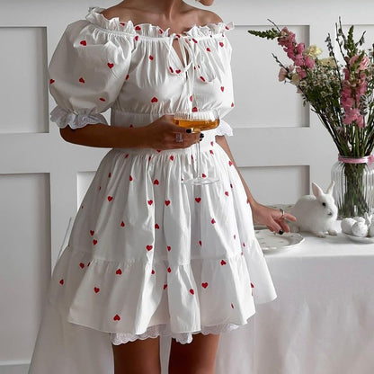 European, American And French Style Sexy Off-the-shoulder Heart Printing Dress