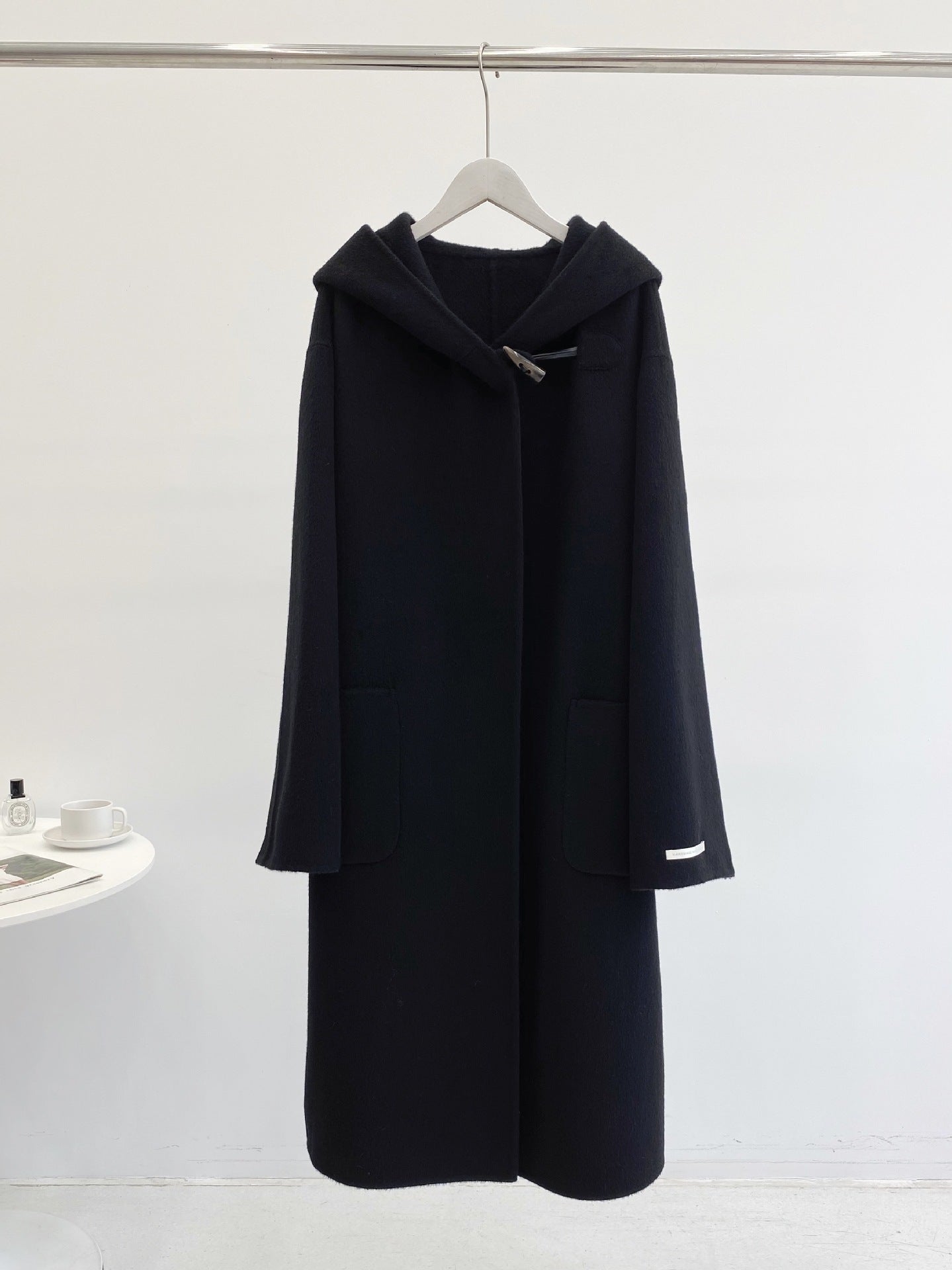 Hooded Dehaired Angora Horn Button Design Cape Reversible Cashmere Coat