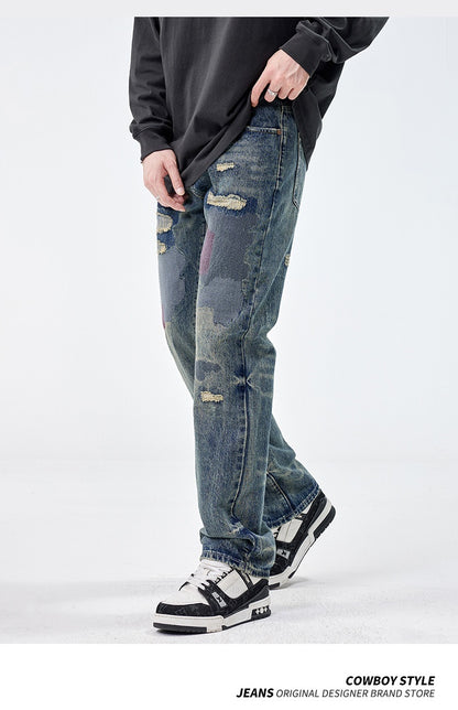 American Style Loose Broken Patch Straight Retro Denim Trousers Men