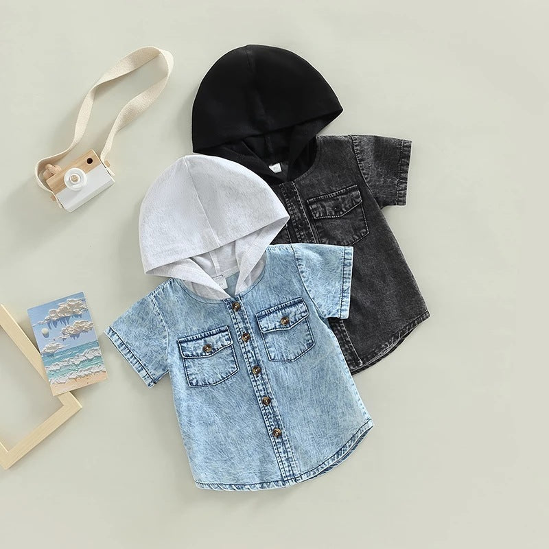 Boy Hooded Single-breasted Denim Shirt