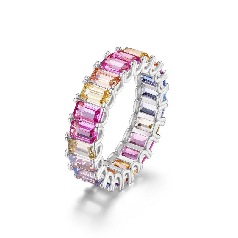 Rainbow Zircon Ring Female Single Row Inlaid Colored Gems