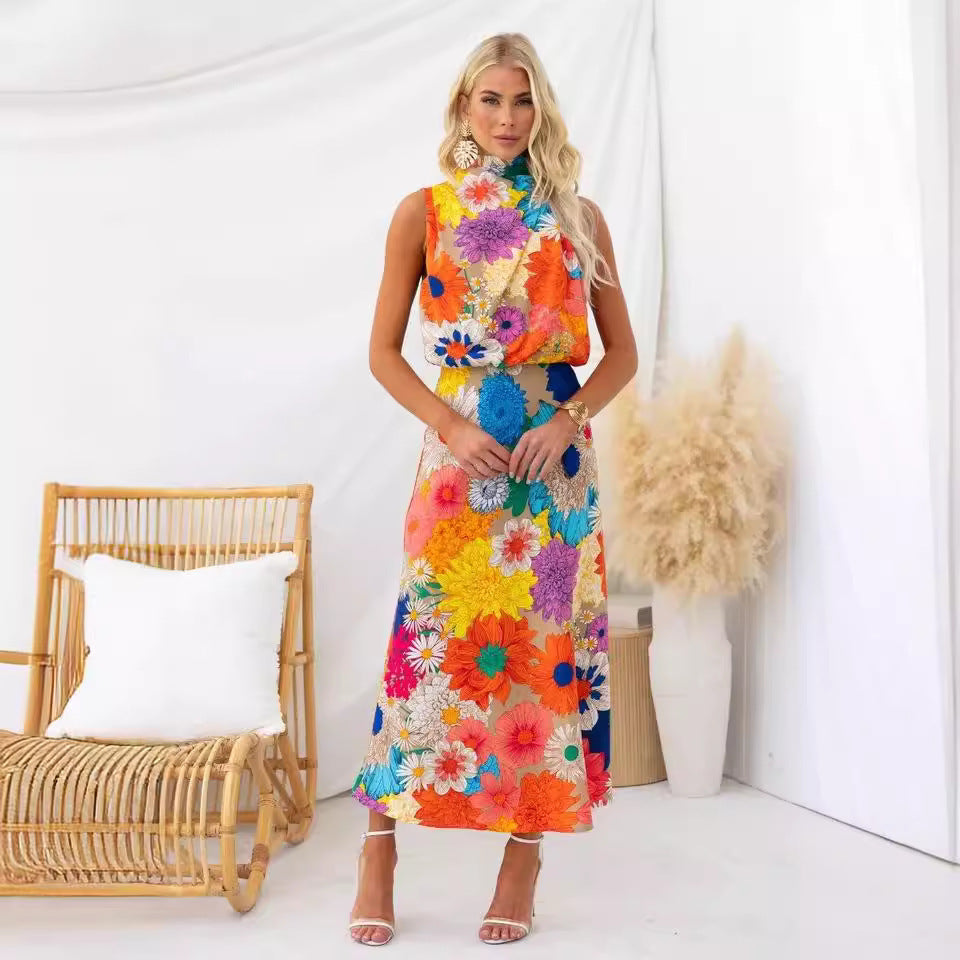 Vacation Style Fashion Printing Sleeveless Halter Waist-tight Long Dress