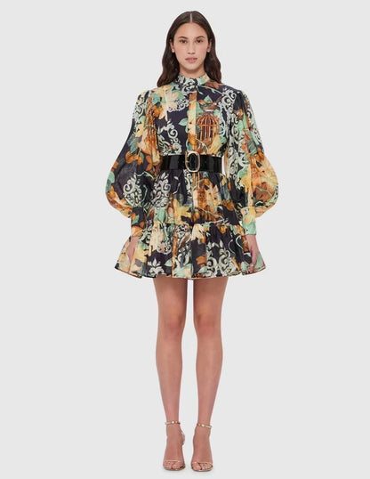 Australian Niche Vintage Printing Stand-up Collar Puff Sleeve Dress