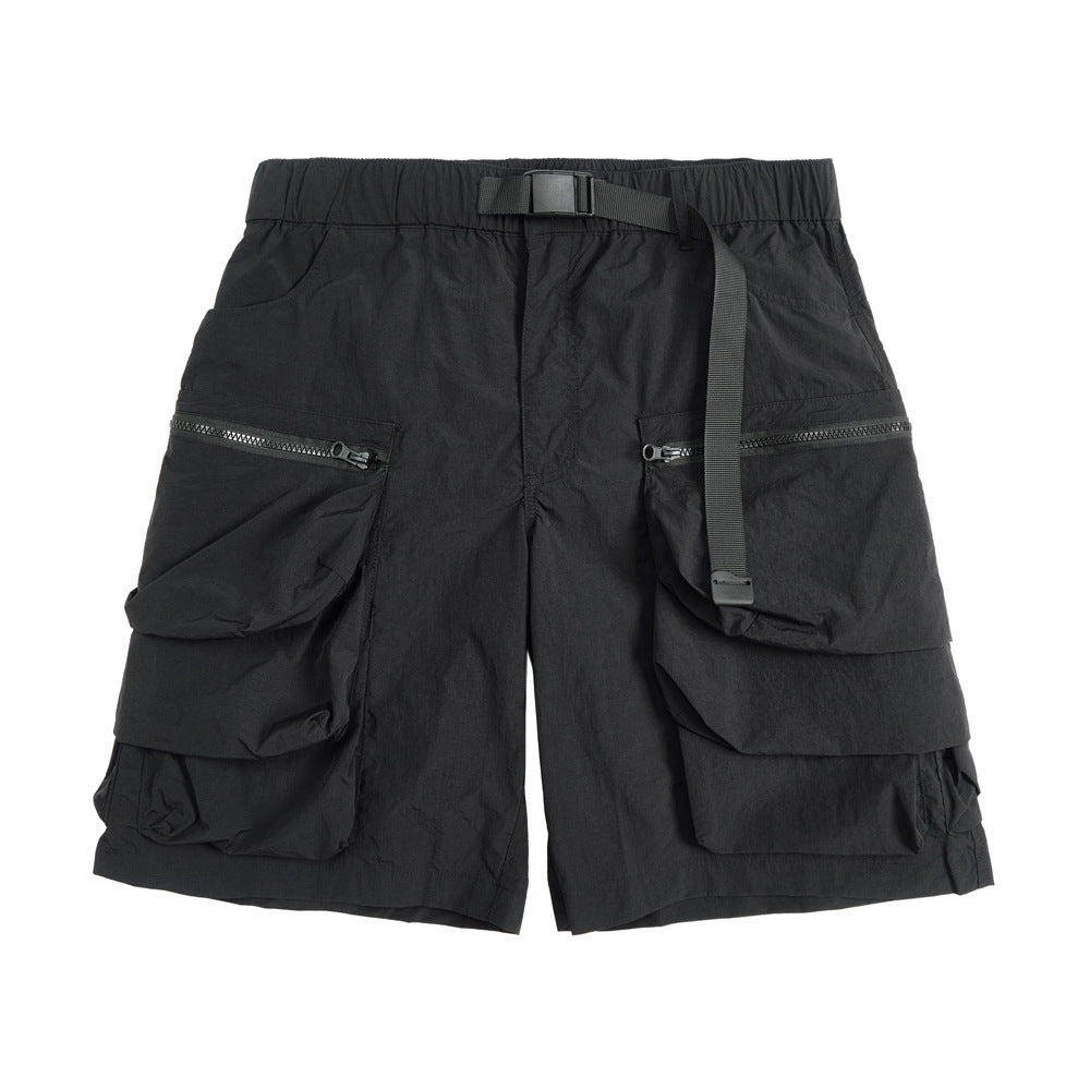 With Belt Workwear Men's Summer Sports Loose Outdoor Large Pocket Zipper Design Wide Leg Shorts