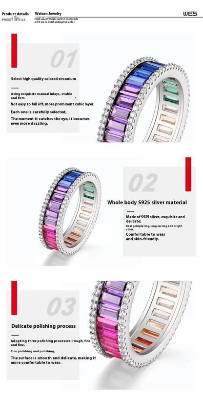 Men And Women S925 Single Row Inlaid Colored Gems Ring