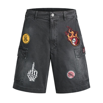 Vintage Worn Looking Washed-out Embroidered Cargo Shorts