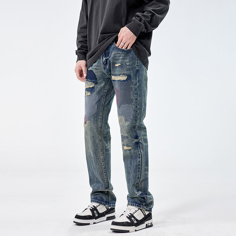 American Style Loose Broken Patch Straight Retro Denim Trousers Men