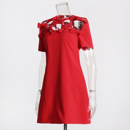 Bow Hollow Design Fashion Socialite Style Temperament Red Slimming Dress