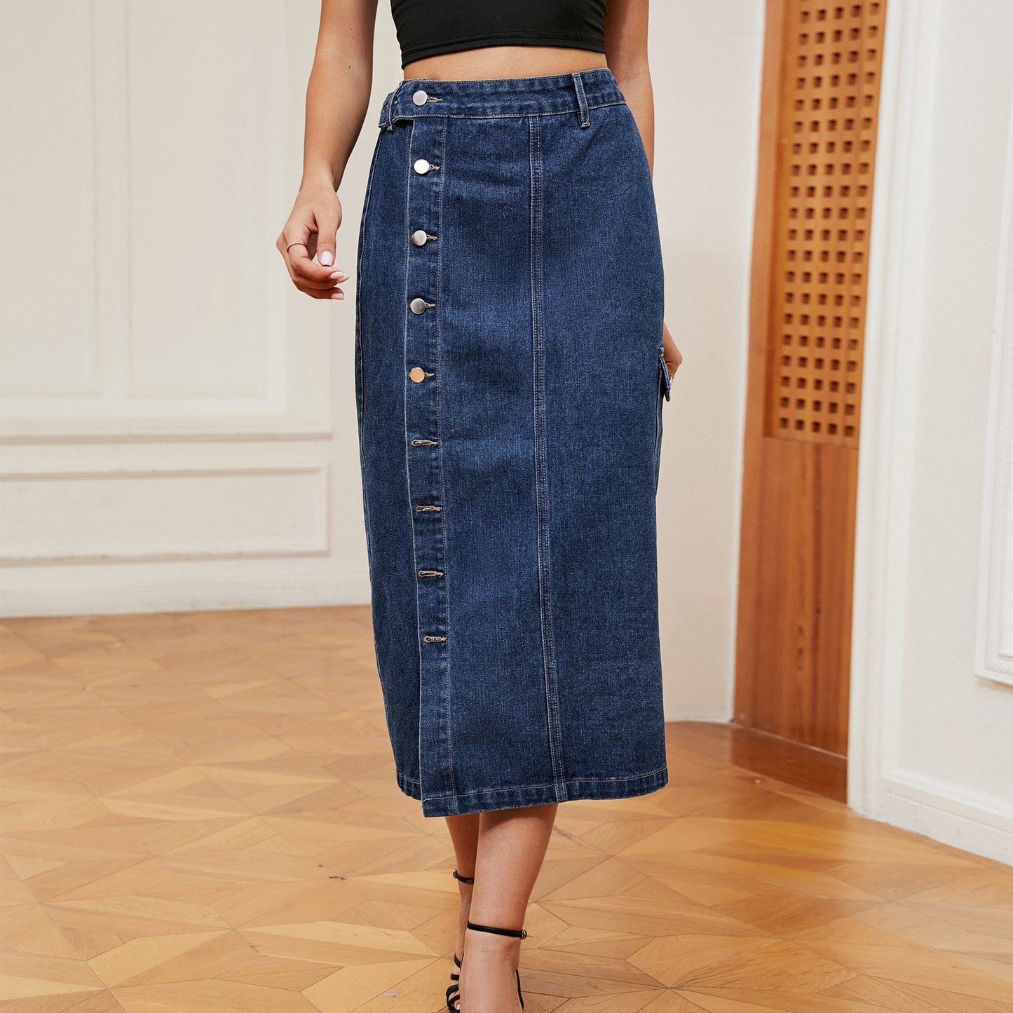 European And American Hot Girls Half Elastic Denim Cargo Pants Casual Skirt