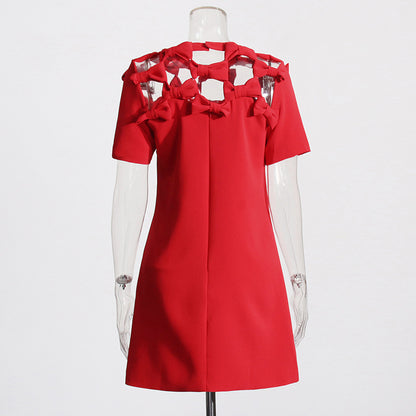 Bow Hollow Design Fashion Socialite Style Temperament Red Slimming Dress