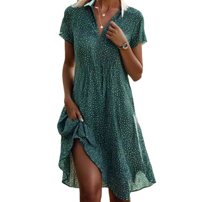 Casual Loose V-neck Short Sleeve Printed Polka Dot Dress Women