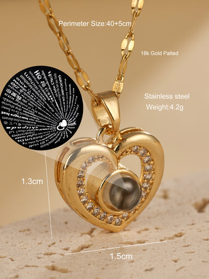 Peach Heart Love Projection Necklace In Multiple Languages, I Love You Memory Necklace