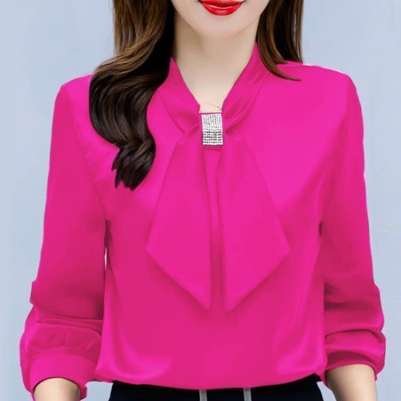 Satin V-Neck Business Temperament Shirt Long Sleeve Bow Solid Color Bow Diamond Top