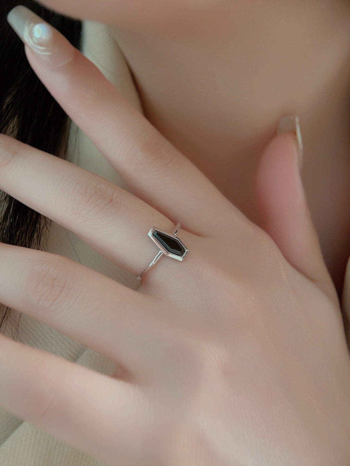 Coffin Shape Black Agate Simple Personality Ring