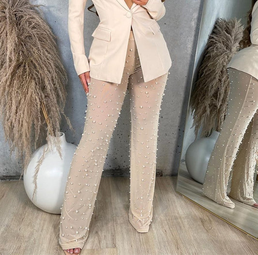 Women's Autumn And Winter Clothing Rubber Mesh Foam Beads Decorative Wide Leg Beaded Trousers With Underpants