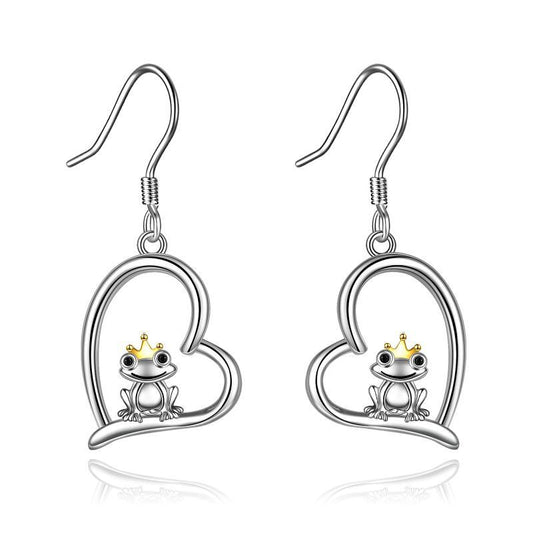 Sterling Silver Heart Crown Frog Dangle Drop Earrings for Women Mom