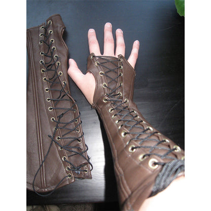 PU Long Lace Up Wrist Guard Half Finger Gloves