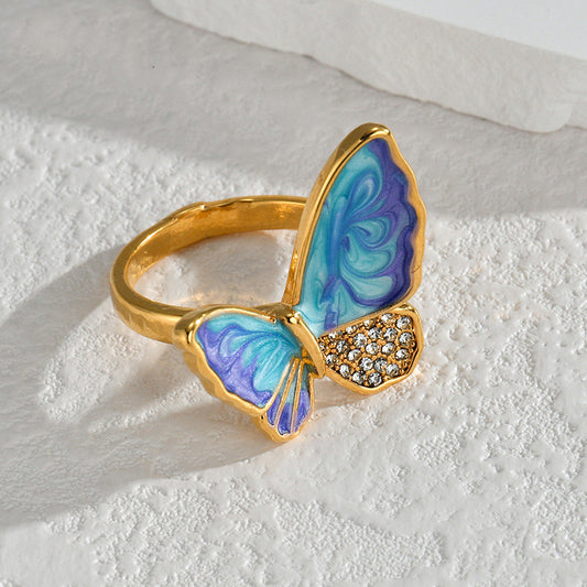 Retro Diamonds Oil Dripping Butterfly Ring