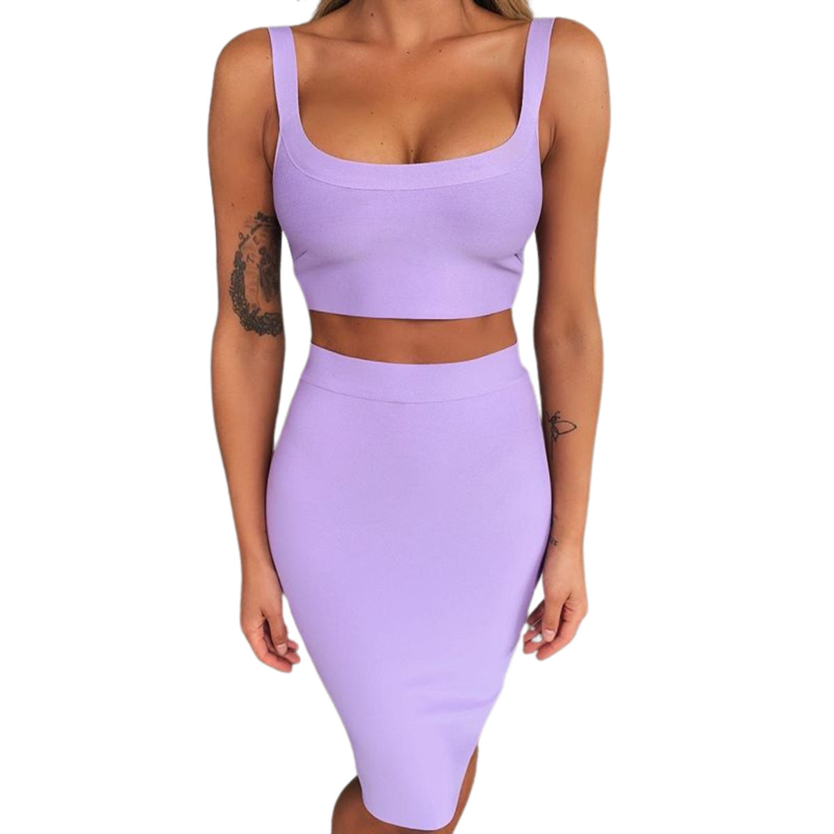 Solid Color Sling U-neck Short Top High Waist Slim Hip Skirt Bandage Skirt Suit