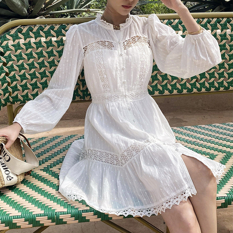 Women's Long Sleeve Vacation Style Design French White Dress