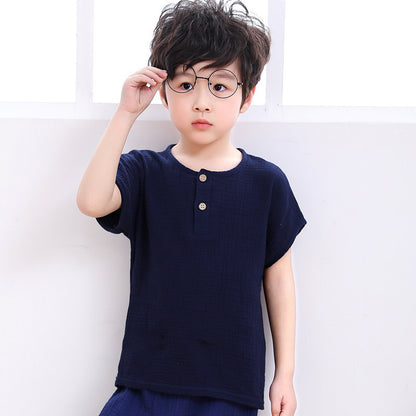 Boy short-sleeved cotton and linen T-shirt