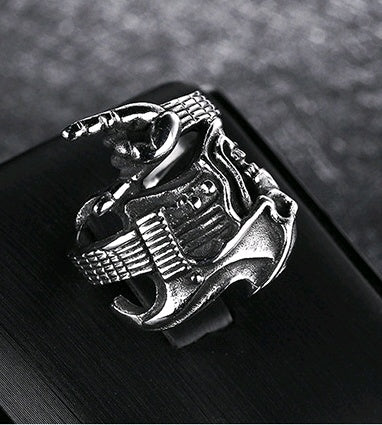 Titanium steel men's ring fashion rock hip hop skull guitar victory gesture instrument single ring