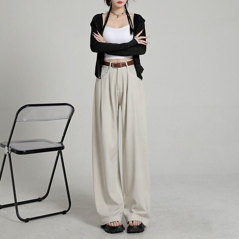 Summer Thin High Waist Belly Contracting Breathable Draping Lengthened Wide Leg Pants