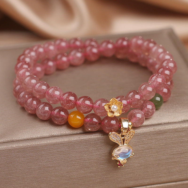 Natural Strawberry Quartz Double Ring Bracelet Female Special-interest Design Rabbit Pendant