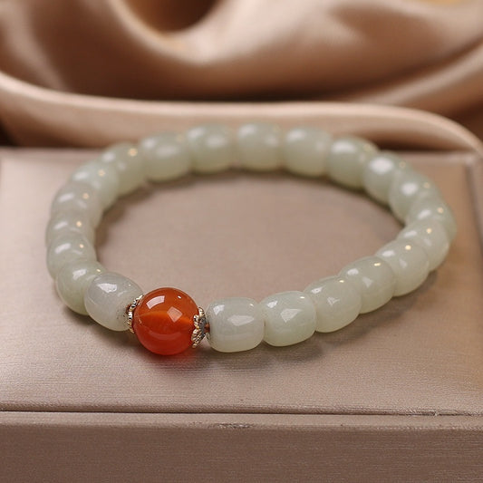 Ethnic Style Lucky Natural Hetian Jade Barrel Shaped Bead Bracelet