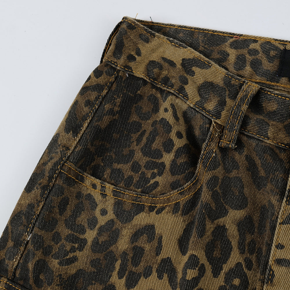 Men's Punk Distressed Pleated Leopard Jeans