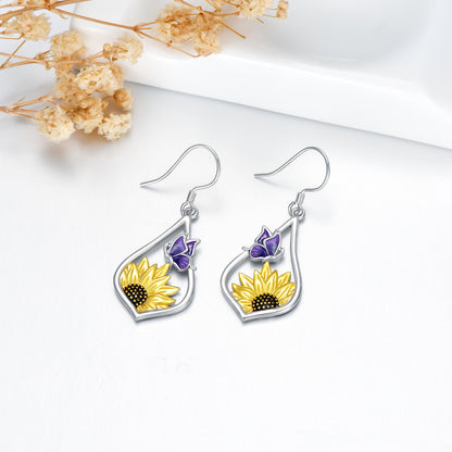 Sterling Silver Sunflower Dangle Earrings with Purple Butterfly Gift for Women