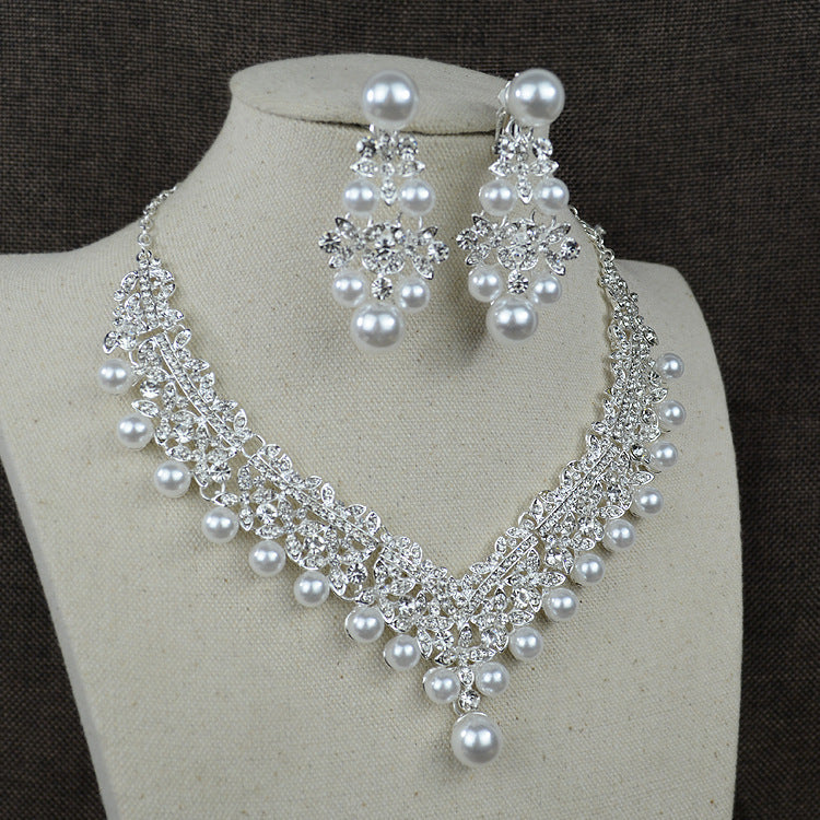 White pearl necklace diamond suit bride wedding accessories hair earrings set 0284