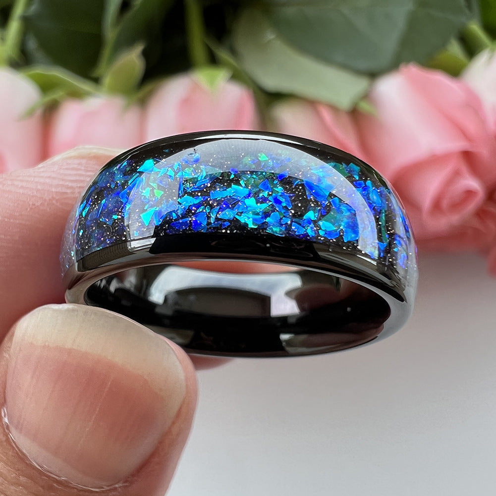 8mm Inlaid Blue And Green Ornamental Stone Pieces Tungsten Ring