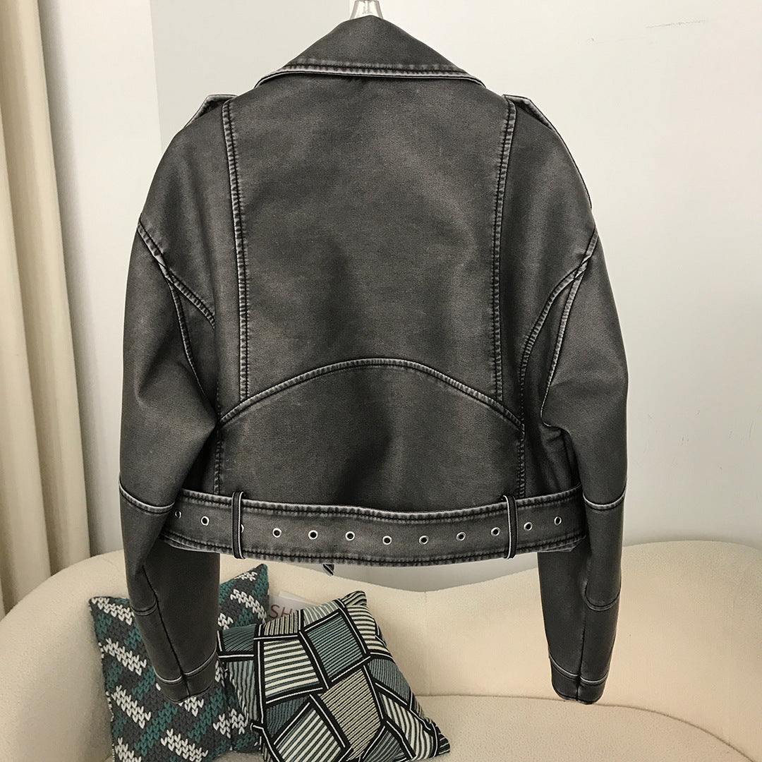 Spring And Autumn Women's Two-color Washed Leather Worn Motorcycle European And American Style Jacket Leather Coat Coat