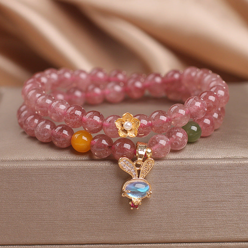 Natural Strawberry Quartz Double Ring Bracelet Female Special-interest Design Rabbit Pendant