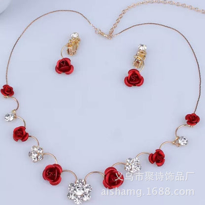 Korean small clear new bride red rose necklace, earrings, suit dress and accessories wholesale