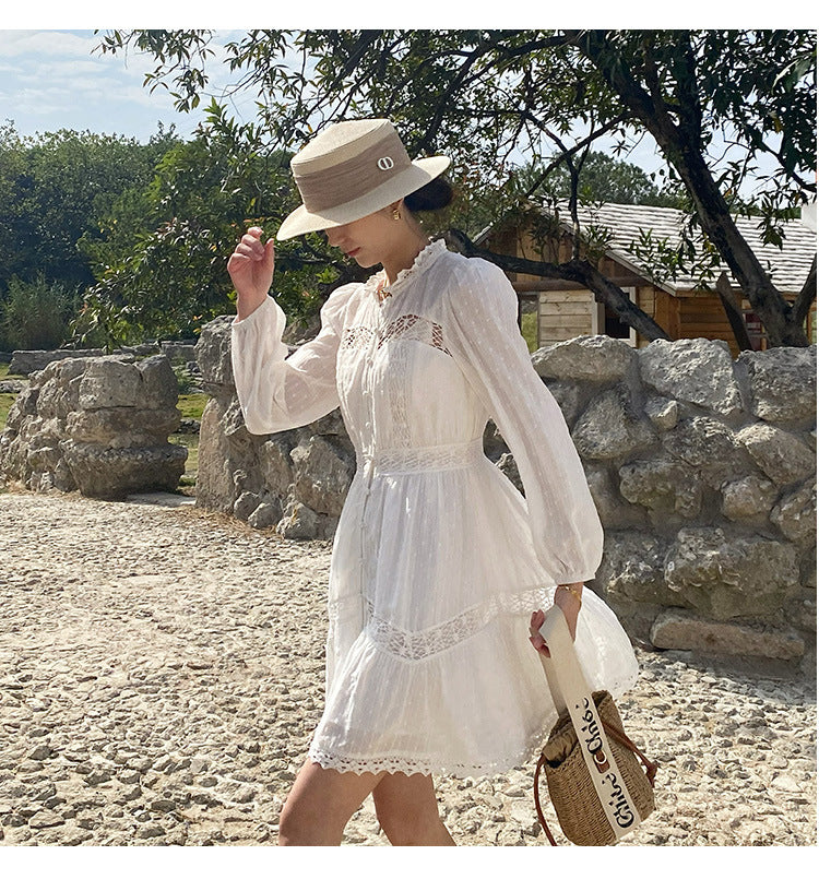 Women's Long Sleeve Vacation Style Design French White Dress