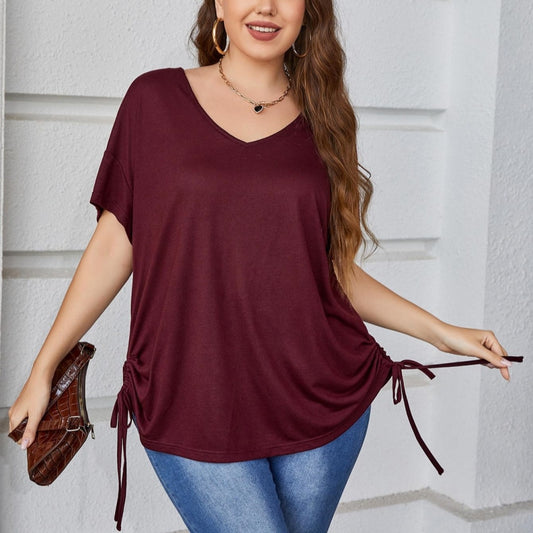 Plus Size Short-sleeved Top Women's Summer Solid Color Loose V-neck T-shirt Plump Girls