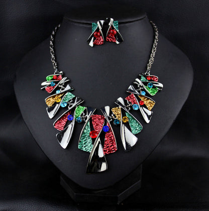 Metal Geometric Shape Rhinestone Earring Necklace