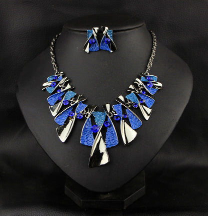 Metal Geometric Shape Rhinestone Earring Necklace