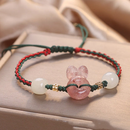 Sweet And Cute Strawberry Quartz Rabbit Red Rope Woven Bracelet