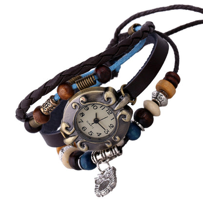 Women's Quartz Watch Elegant Beaded Fashion Leather Bracelet