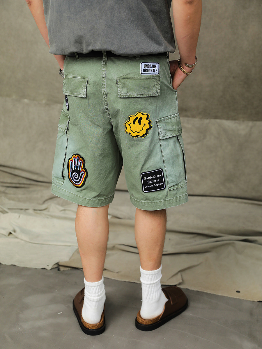 Vintage Worn Looking Washed-out Embroidered Cargo Shorts