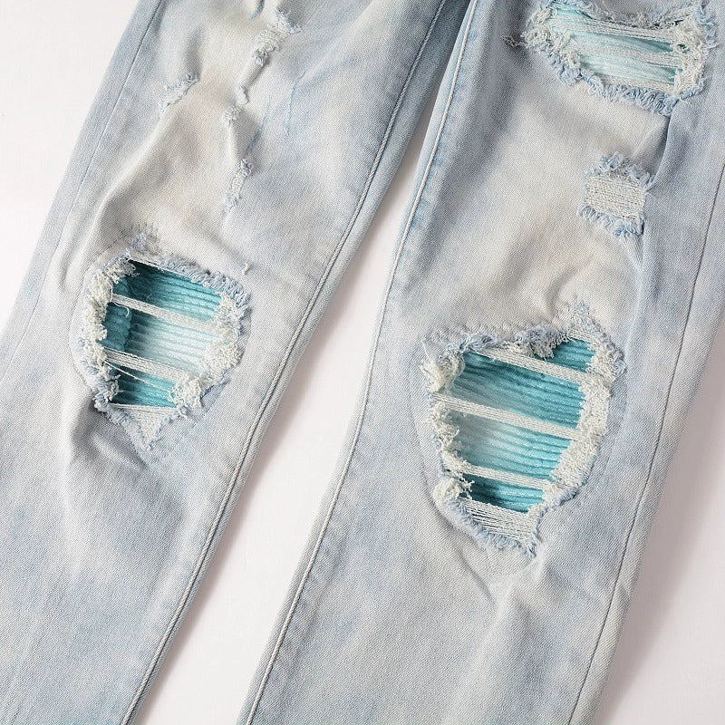 Baby Blue Wash Water Worn Patch Torn Jeans Male